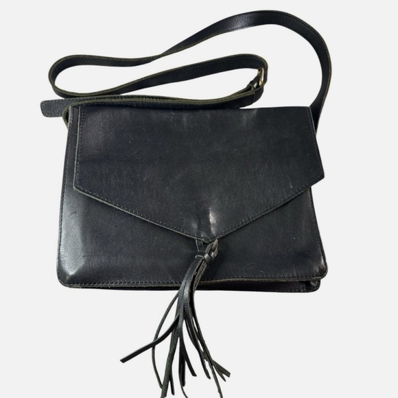Enat Leather Foldover Tassle Crossbody Purse Black Ethiopia Adjust Strap-10x7” - Picture 1 of 14